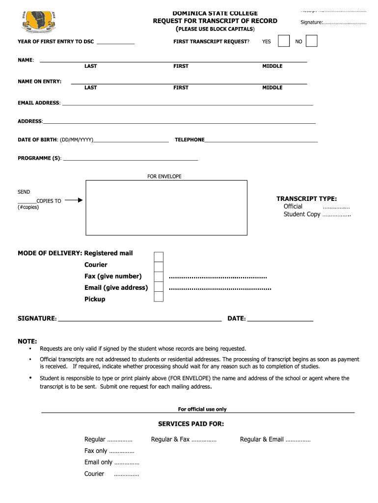 Dominica State College Registrar  Form
