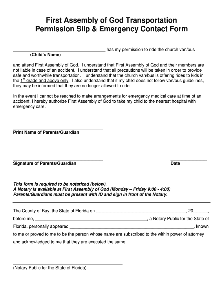 First Assembly of God Transportation Permission Slip Amp BEmergencyb Bb Firstassemblypc  Form