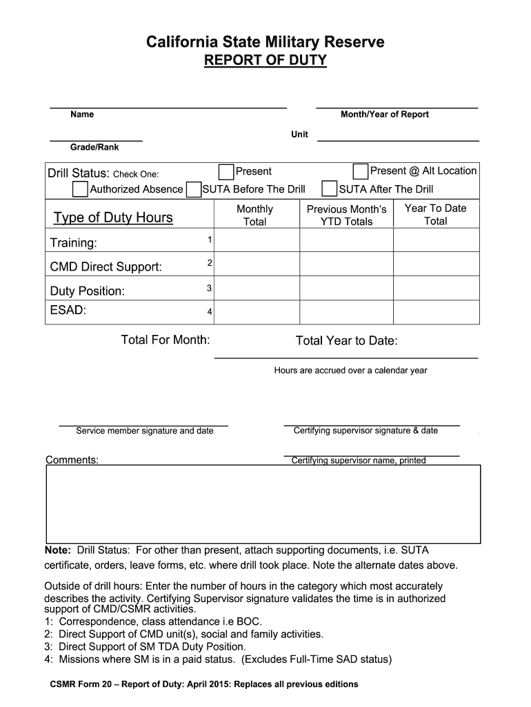 Get and Sign California State Military Reserve Csmr 2015-2022 Form
