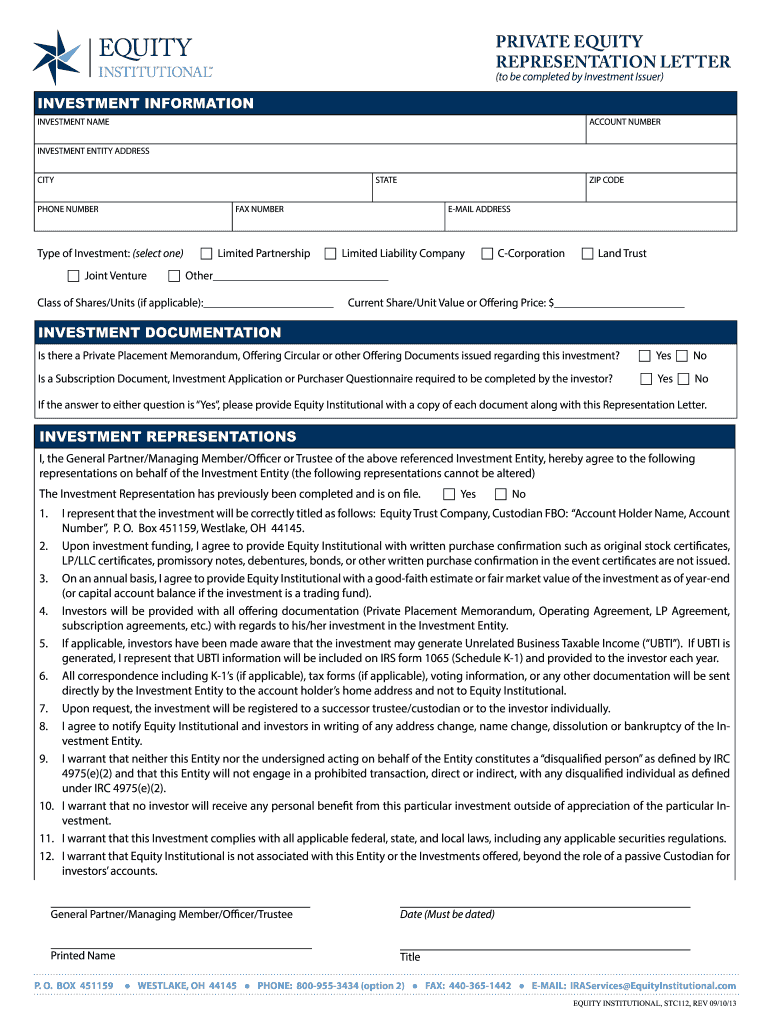 PRIVATE EQUITY REpREsEnTATIon LETTER Equity Institutional  Form