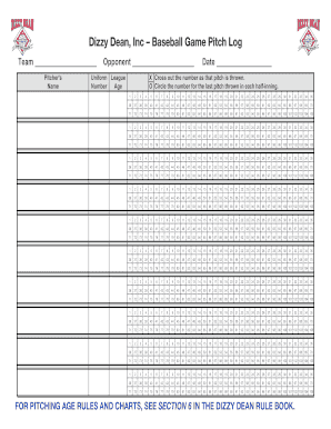 Dizzy Dean, Inc Baseball Game Pitch Log  Form