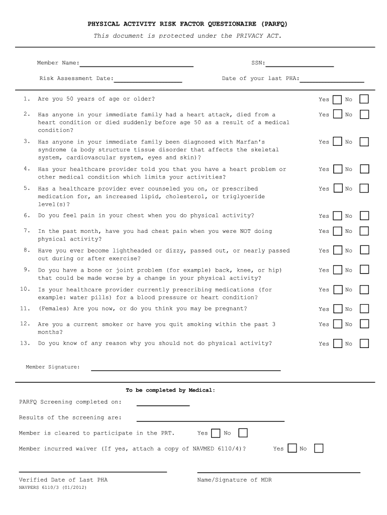  Physical Activity Risk Factor Questionnaire  Navy PRT 2012