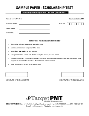 Target Pmt Scholarship Test Sample Paper  Form