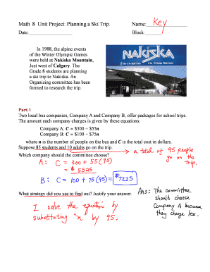 Math 8 Unit Project Planning a Ski Trip  Form