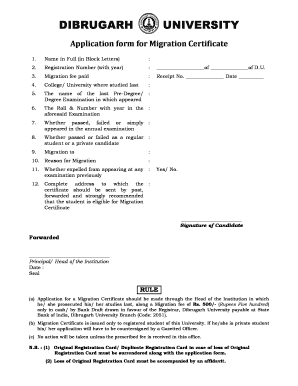 Dibrugarh University Migration Certificate  Form