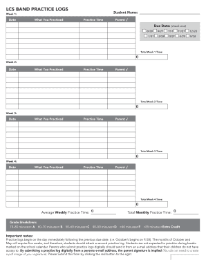 Band Practice Log PDF  Form