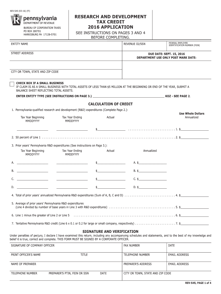  Research and Development Tax Credit Application REV 545 FormsPublications 2016