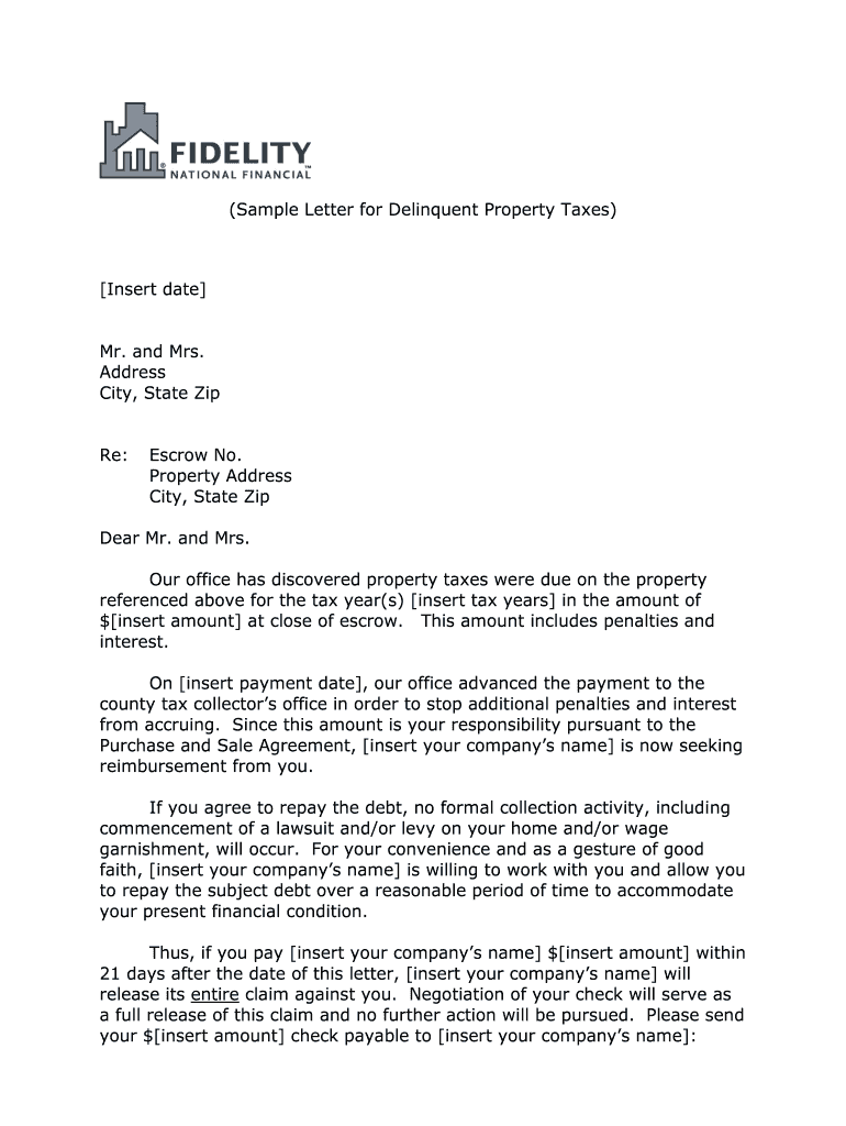 Property Tax Deliquent Letter  Form