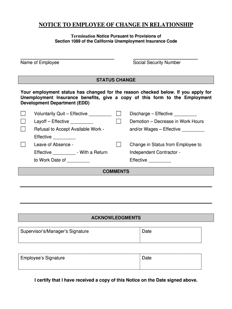 Notice to Employee as to Change in Relationship  Form