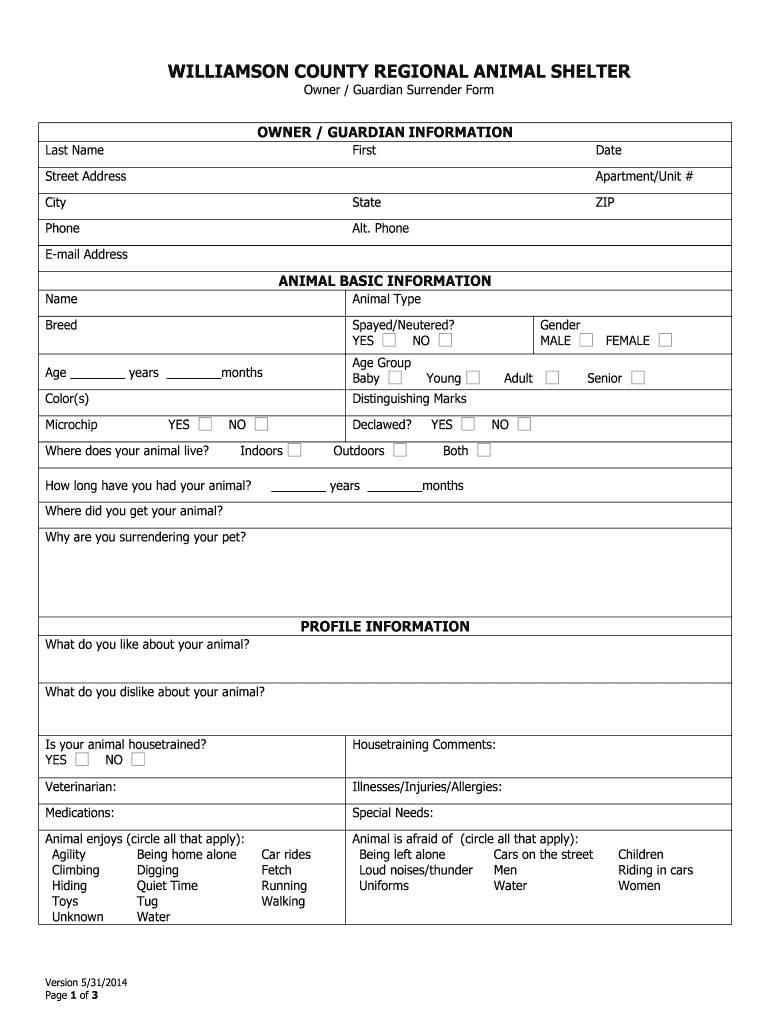 Owner Surrender Form Williamson County Animal Shelter