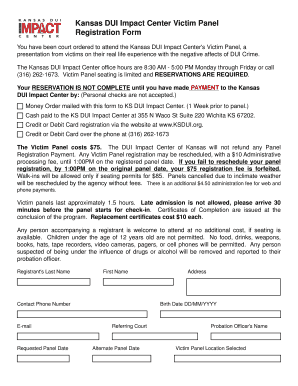 Kansas DUI Impact Center Victim Panel Registration Form
