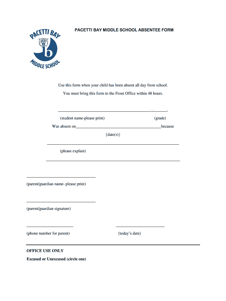 PBMS Absentee Form Pacetti Bay Middle School Www Pbm Stjohns K12 Fl