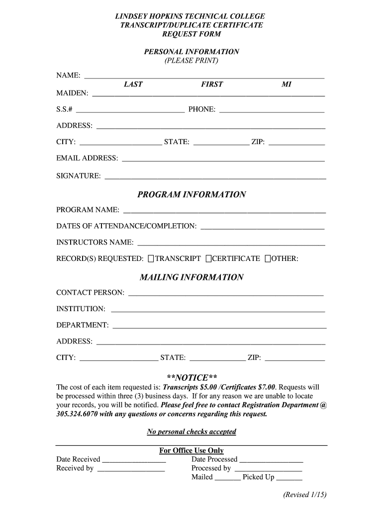 Lindsey Hopkins Technical College Transcript Request  Form