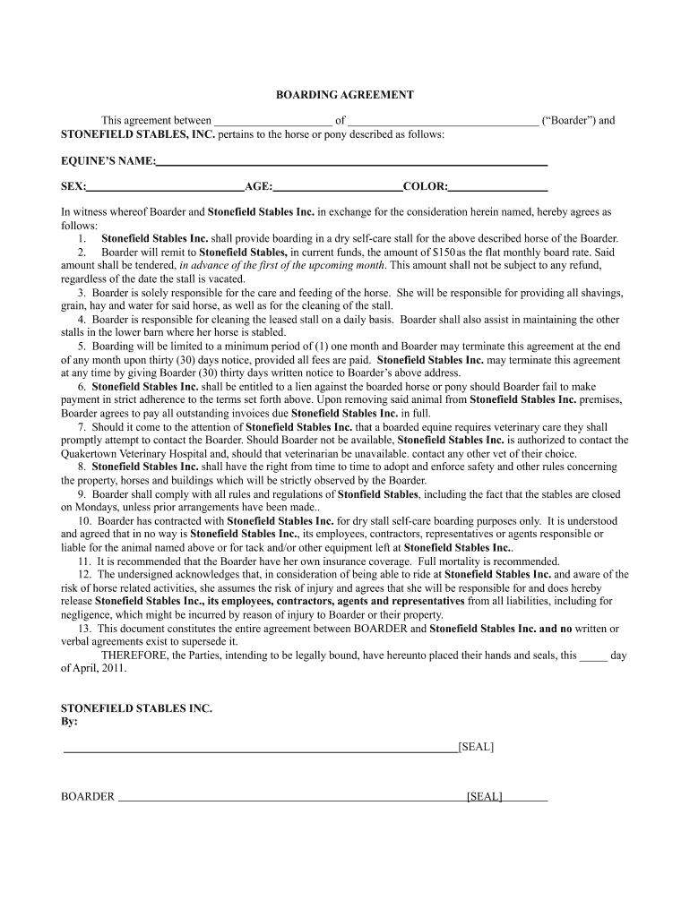 BOARDING AGREEMENT Self Care Stall Stone Field Stables  Form