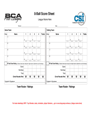 Pool Score Sheet Template  Form