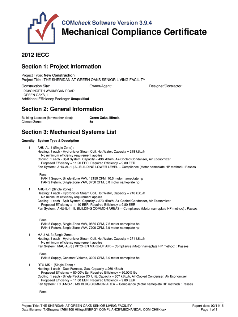 COMcheck Software Version 394 Mechanical Compliance  Form