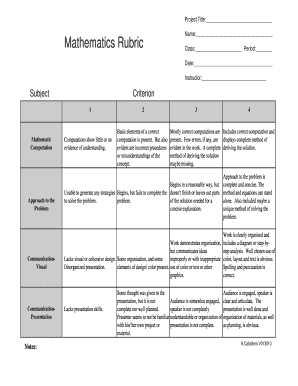 Math Rubric New Revised 85x11 1 30 10xls Santeefalcons  Form