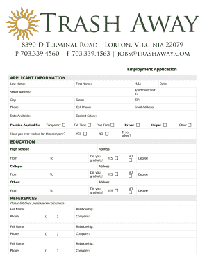 Employment Application Trash Away  Form