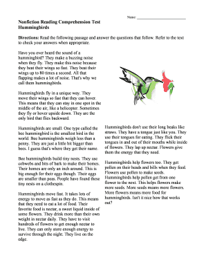 Nonfiction Reading Comprehension Test Hummingbirds  Form