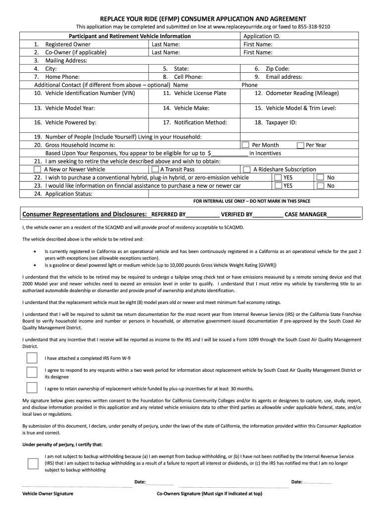 Replace Your Ride Efmp Consumer Application and Agreement  Form