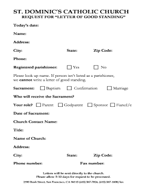 Letter of Good Standing Catholic Church Sample  Form