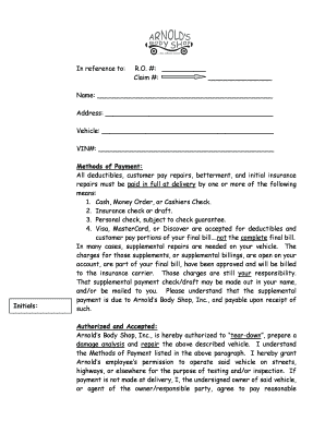 BAuthorizationb and Direction to Pay Arnold39s BBody Shopb  Form