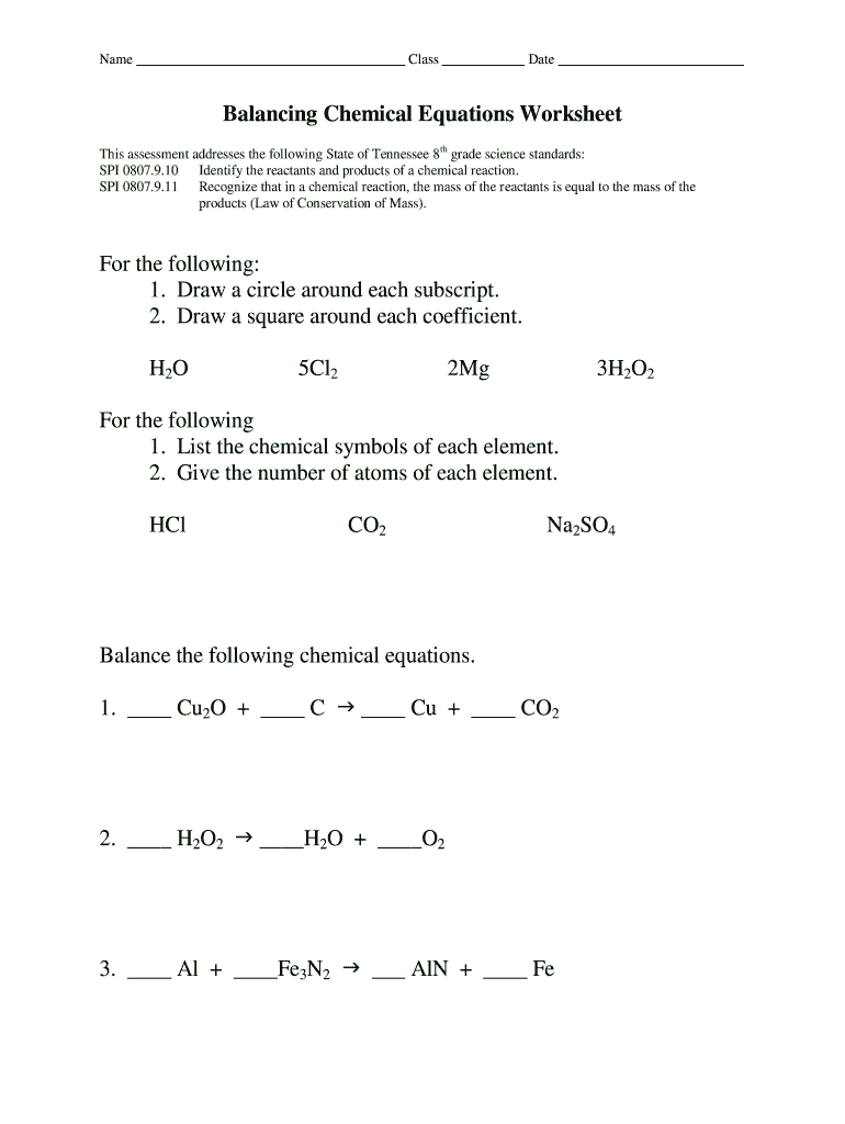 Balance Chemical Equations Worksheet  Form