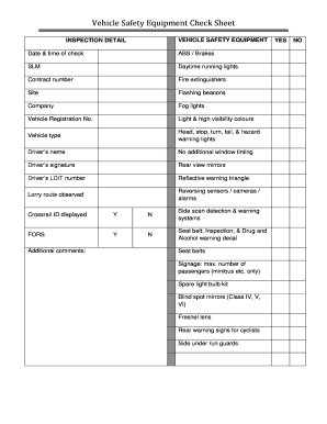 Vehicle Safety Equipment Check Sheet  Form