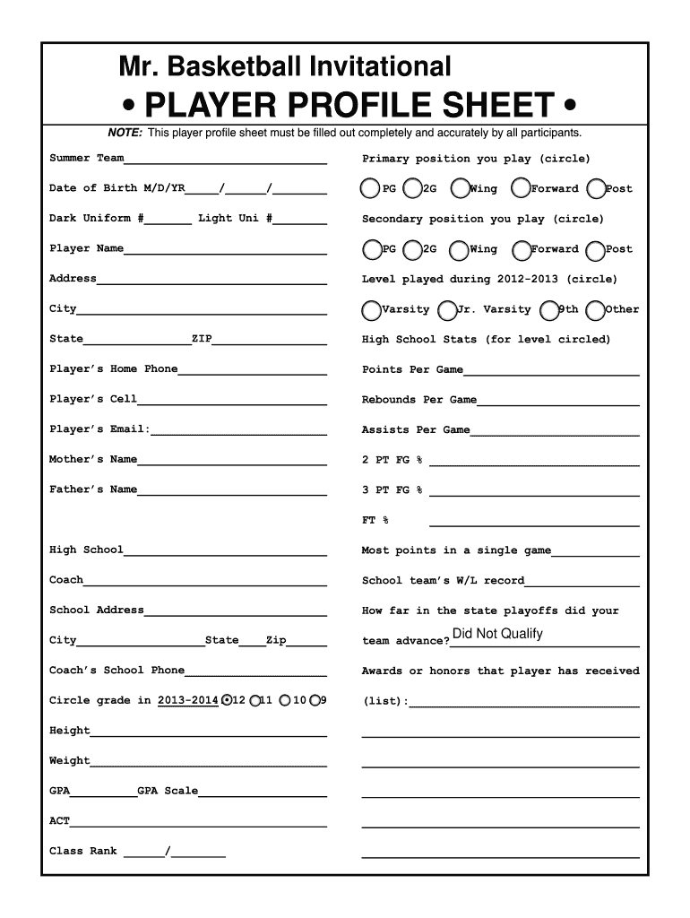 Basketball Player Information Sheet