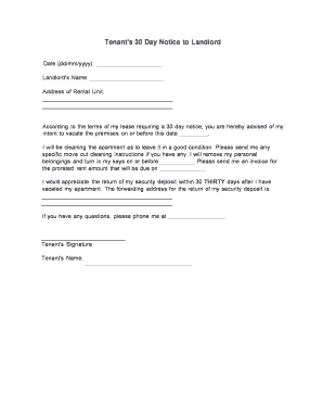 Tenant 30 Day Notice Landlord Form