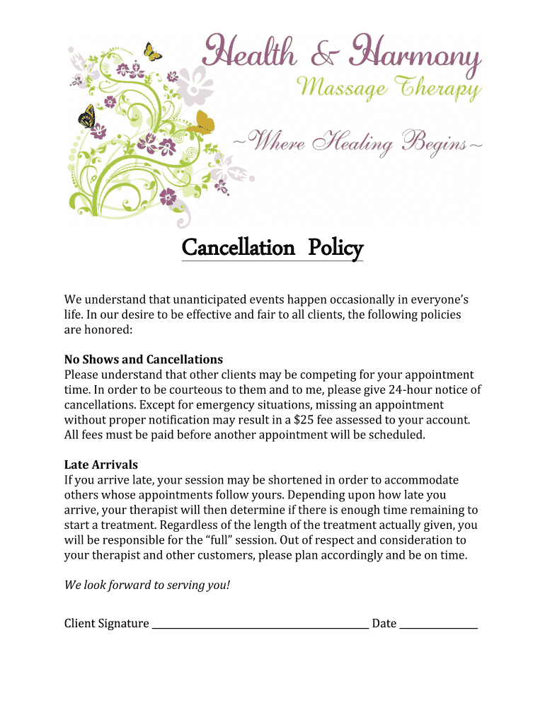 Cancellation Policy Health & Harmony Massage Therapy  Form