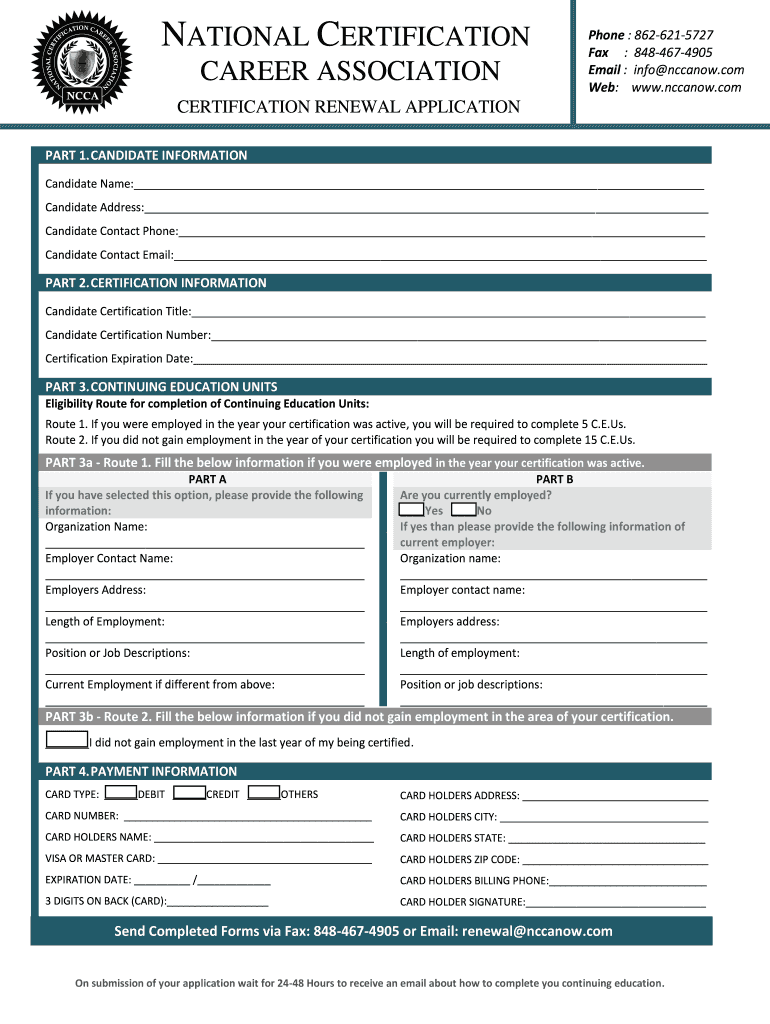 National Certification Career Association  NCCA Certifications  Form