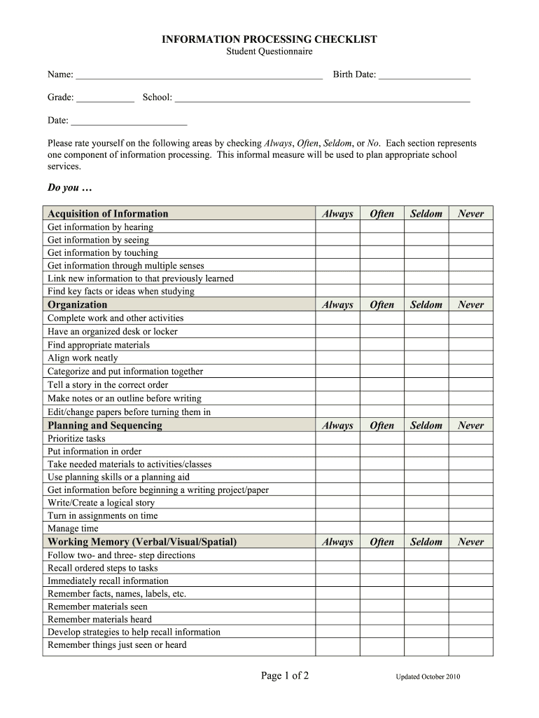  Information Processing Checklist 2010-2024