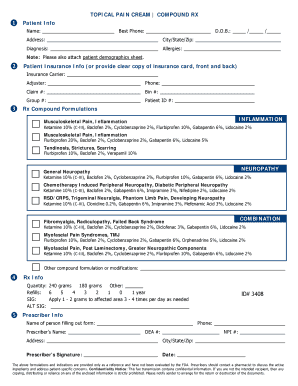 Topical Pain Cream Compound Rx  Form