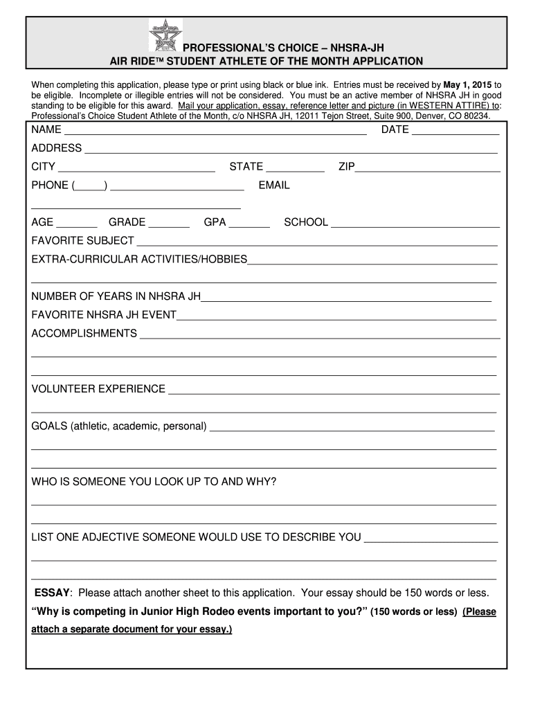  PROFESSIONALS CHOICE NHSRAJH AIR RIDE STUDENT ATHLETE of the MONTH APPLICATION When Completing This Application, Please Type or  2015