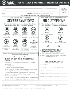 Printable Allergy Action Plan PDF  Form