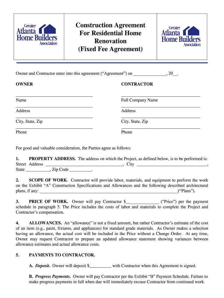Fixed Fee Agreement Greater Atlanta Home Builders Association  Form
