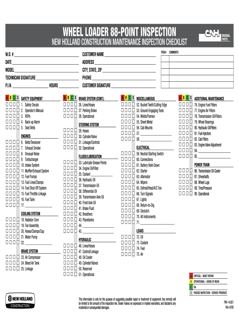  Wheel Loader Inspection Checklist 2008-2024