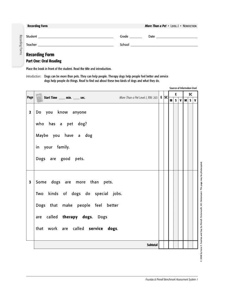 Fountas and Pinnell Running Records Forms