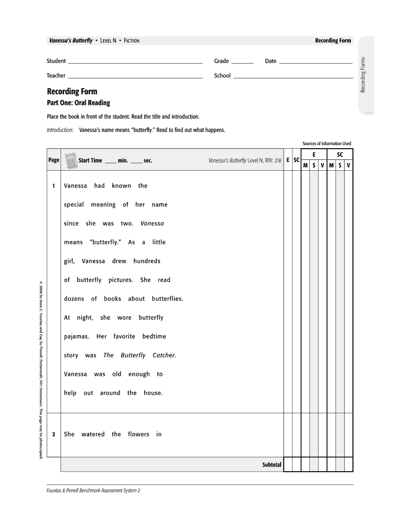 Vanessa's Butterfly Running Record  Form