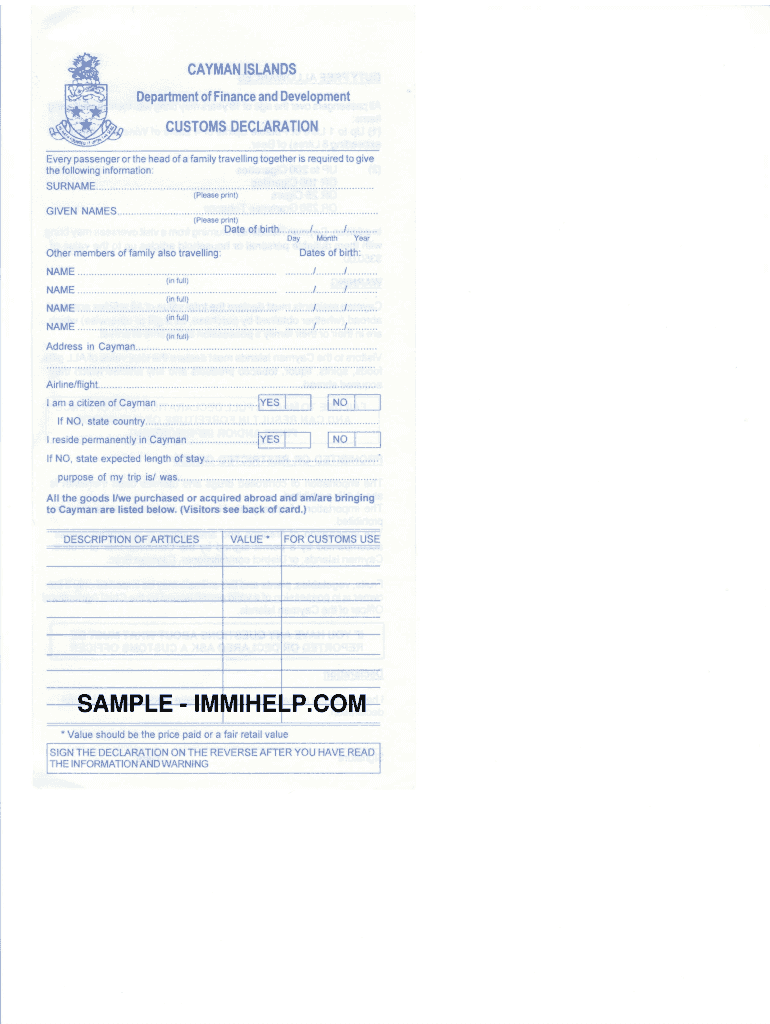 Cayman Islands Customs Declaration Form