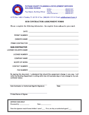 SUB CONTRACTOR ASSIGNMENT FORM Putnam County