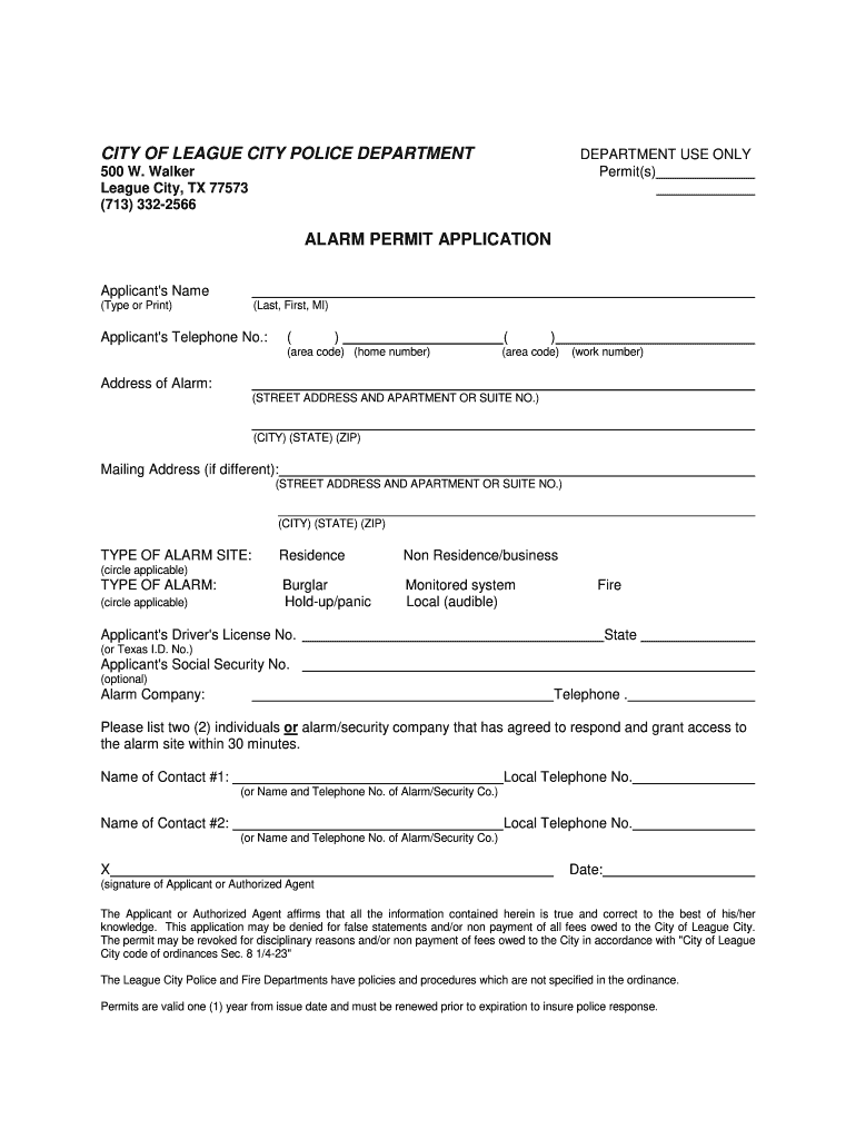League City Alarm Permit Application  Form