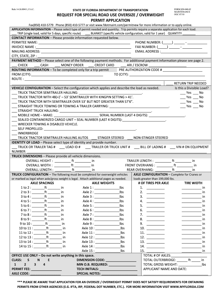 Printable Request for Special Road Use Oversize Overweight Permit Application  Form