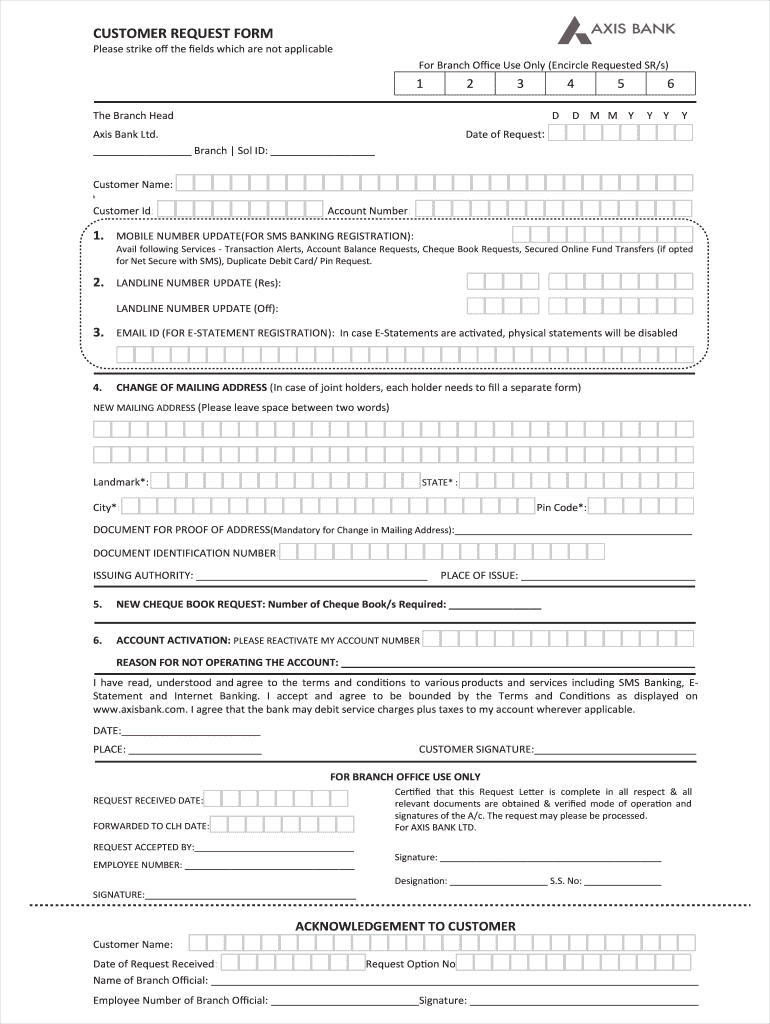 Axis Bank Customer Request Form