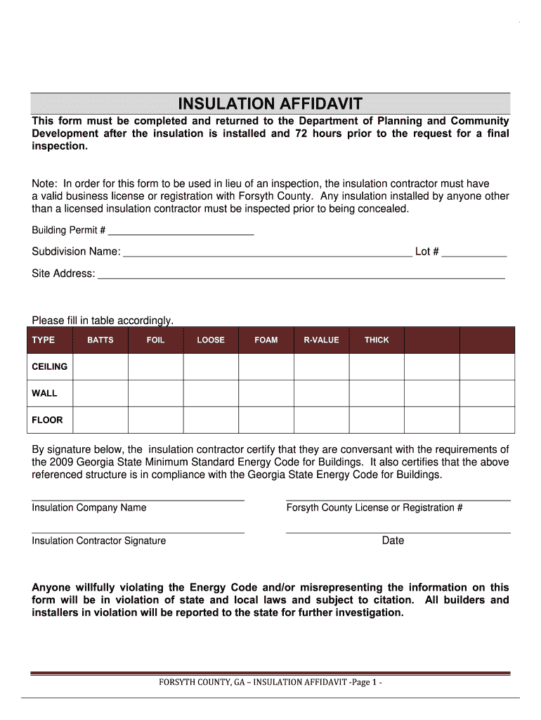 Forsyth County Insulation Affidavit  Form