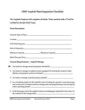 OMT Asphalt Plant Inspection Checklist  Form