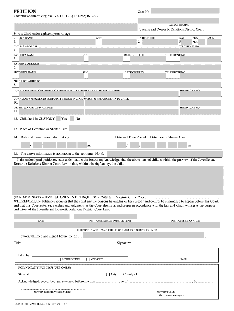 Virginia Juvenile Petition Form DC 511