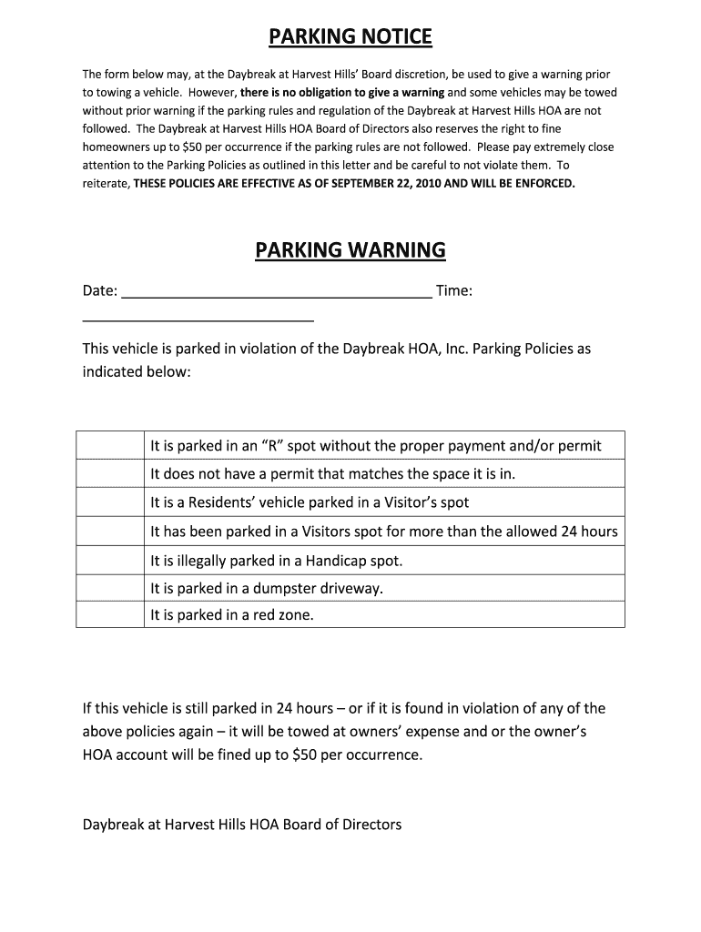 PARKING NOTICE PARKING WARNING Parker Brown  Form