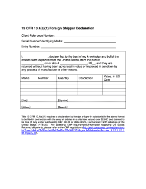 19 Cfr 10 1 a 1 Foreign Shipper Declaration  Form